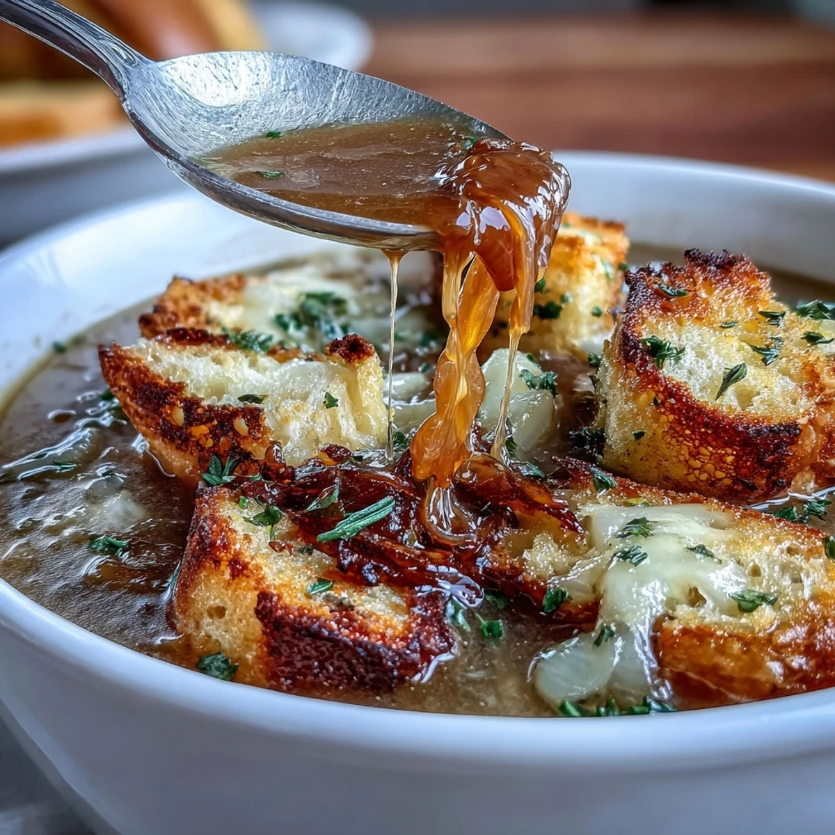Creamy roasted garlic and onion soup topped with golden herb croutons, perfect for a cozy dinner.  