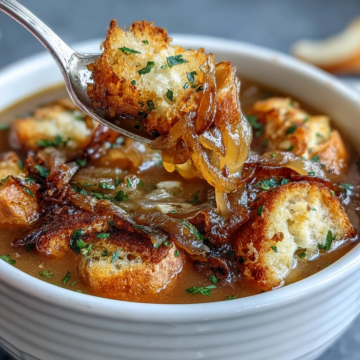 Warm bowl of vegetarian roasted garlic and onion soup garnished with fragrant herb croutons and fresh parsley.