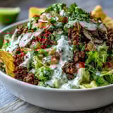 Serving a colorful Healthy Taco Bowl topped with avocado, cilantro, shredded cheddar, and a generous swirl of zesty lime crema.