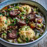 Savory Black-Eyed Peas and Sausage Dumplings topped with golden-brown dumplings in a hearty stew, ready to serve with a spoon.