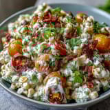 Vibrant Creamy Corn Salad with Jalapeño featuring juicy cherry tomatoes, crunchy bell peppers, and zesty lime dressing.