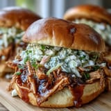 2. Slow-cooked pulled BBQ chicken in tangy sauce, served on toasted buns with crisp coleslaw for a satisfying lunch or dinner.  