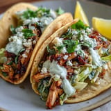 Light and fresh roasted chicken tacos topped with marinated cabbage slaw and tangy lemon crema for a healthy twist.  