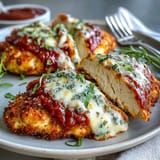 Air fryer chicken Parmesan featuring juicy breaded chicken cutlets smothered in savory tomato sauce and gooey cheese, ready in just 25 minutes.  