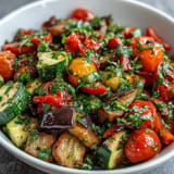 Vibrant summer Fresh Ratatouille Salad featuring tender sautéed and raw vegetables.