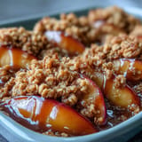 Warm Miso Caramel Peach Crisp, showing gooey caramel against tender fruit.