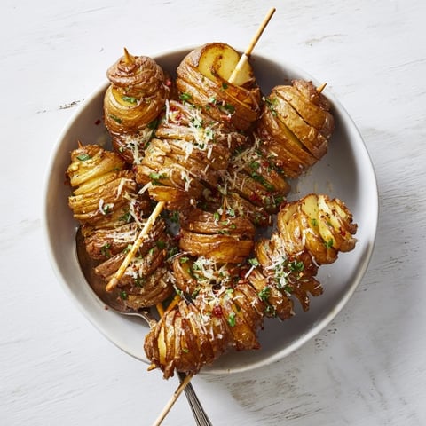 Crispy air-fryer tornado potatoes on skewers garnished with fresh parsley and Parmesan.  