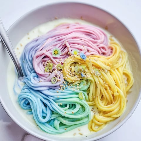 Colorful Neon Noodle Cloud in creamy sauce, perfect for a fun family meal.  