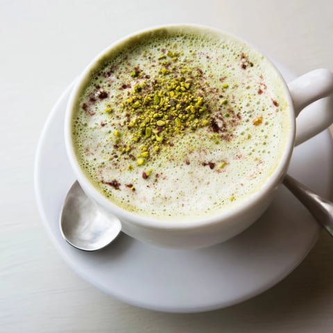 Creamy pistachio milk latte topped with crushed pistachios and frothy goodness.  