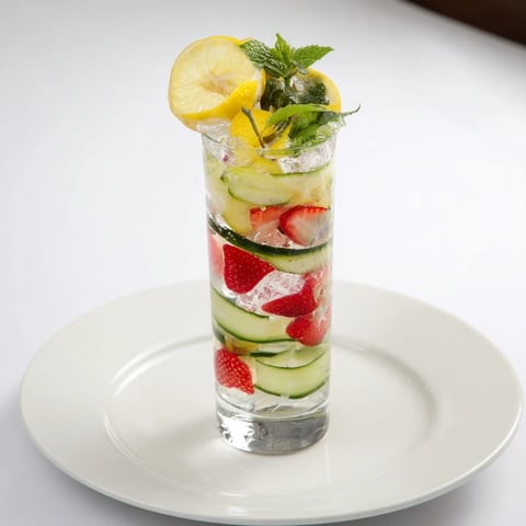 Refreshing water-based mocktails with fresh fruits and mint leaves in glasses.  