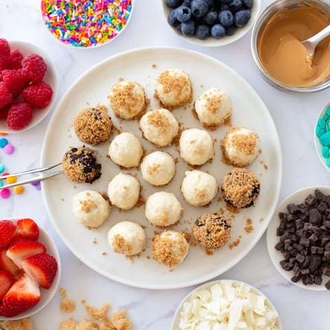 Creamy cheesecake bites on a colorful dessert board with fresh fruit toppings.  