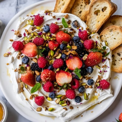 Delicious butter board dessert version with berries and cream cheese spread artfully arranged.  