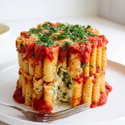 Delicious Honeycomb Pasta Cake loaded with creamy ricotta and tantalizing tomato sauce.  