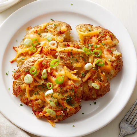 Crispy Smashed Green Onion Potato Bombs topped with melted cheese and fresh herbs.  