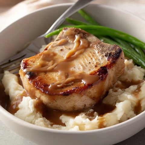 Juicy pork chops resting on luscious cheddar mashed potatoes with savory gravy.  