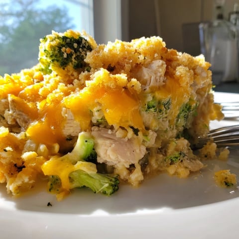 Creamy Chicken & Broccoli Cheddar Bake topped with golden breadcrumbs and melted cheese.  
