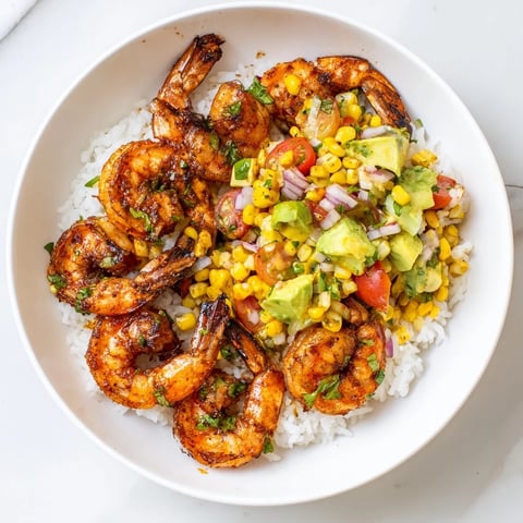 Juicy grilled shrimp nestled atop rice with vibrant avocado corn salsa in this Easy Grilled Shrimp Bowl.