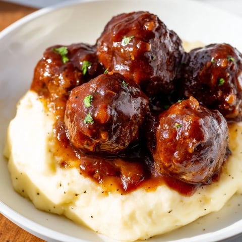 BBQ meatballs and mashed potatoes, a warm, comforting classic, with glistening sauce over fluffy potatoes.