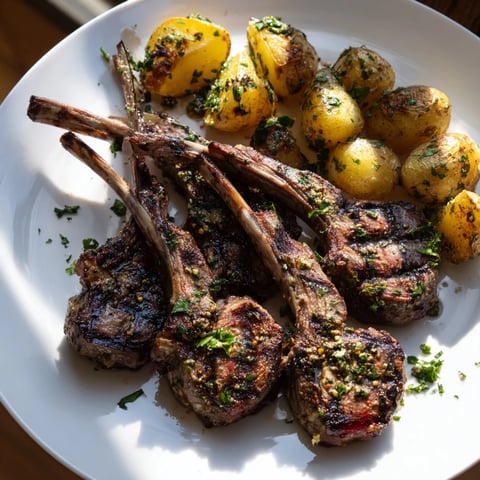 Juicy herbed lamb chops with crispy roasted potatoes, ready for a delicious dinner plate.