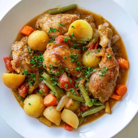 Golden chunks of slow-cooker chicken & vegetable stew with vibrant vegetables, ready to serve.