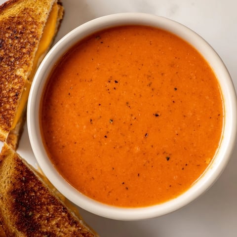 Steaming bowl of 5-Ingredient Tomato Soup beside golden, cheesy grilled cheese ready for dunking.