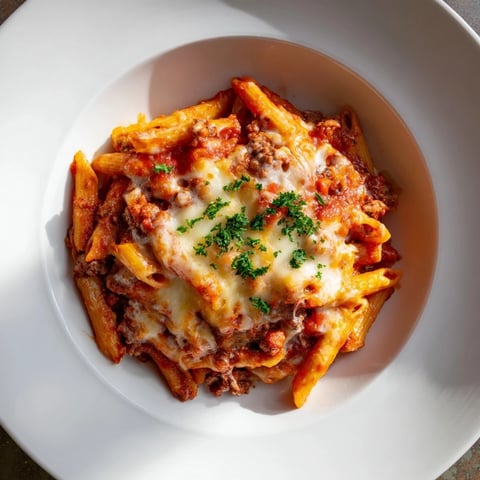 Golden, bubbly Budget Sausage and Cheese Pasta Bake with a rich tomato sauce and melted cheese topping.