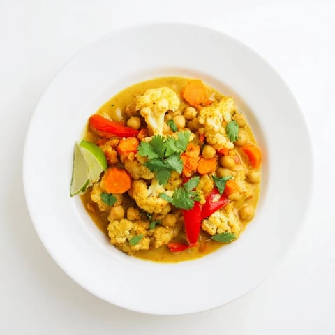 Steaming curried cauliflower and chickpea coconut stew, a vibrant, fragrant Indian-inspired dinner ready to serve.