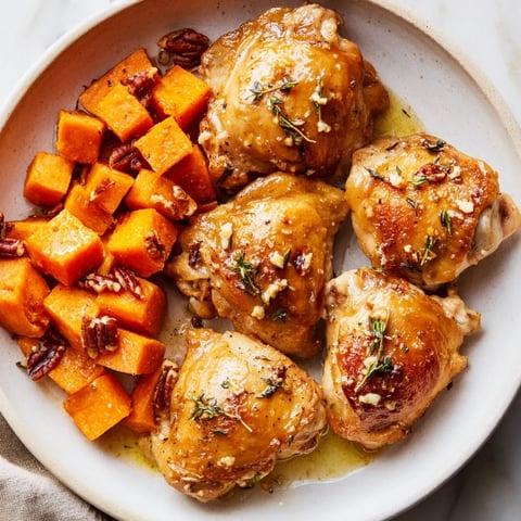 Golden-brown maple glazed chicken with tender sweet potatoes, perfect for a cozy, gluten-free dinner.