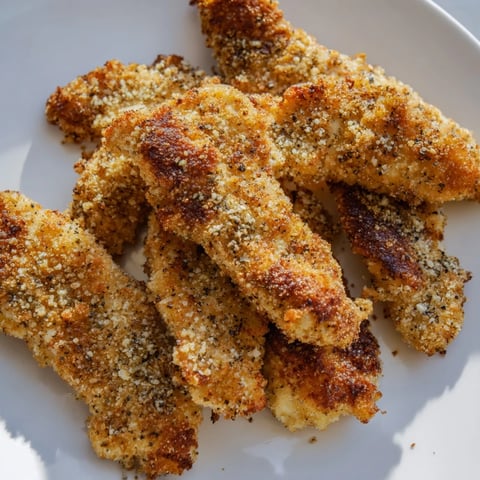 Golden-brown Crispy Air-Fried Chicken Tenders, ready to dip and perfectly crunchy for dinner.