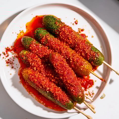 Vivid image of Chamoy-Tajín Pickle Sticks, glistening with chamoy and dusted in fiery red Tajín seasoning.
