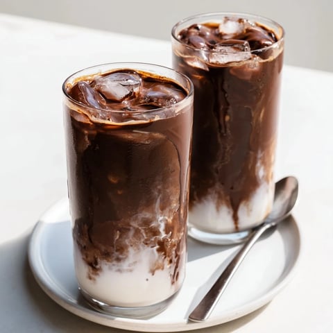 Rich, cracked dark chocolate layer topping a refreshing Chocolate Cracking Iced Latte, perfect for a sunny day.