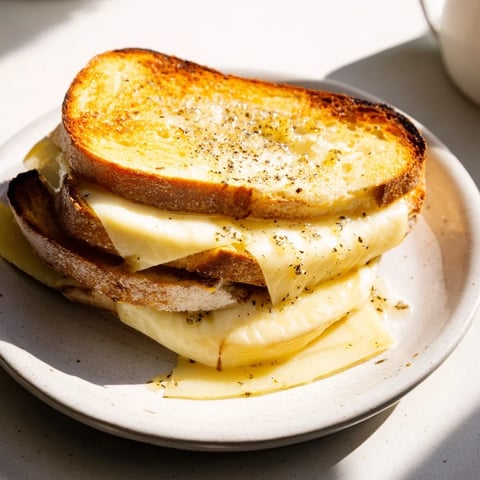 Golden-brown Truffle Oil Grilled Cheese, oozing melted cheddar, delicious and savory in every bite.