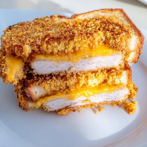 Golden grilled cheese sandwich brimming with crispy panko pork chop slices and melted cheddar.