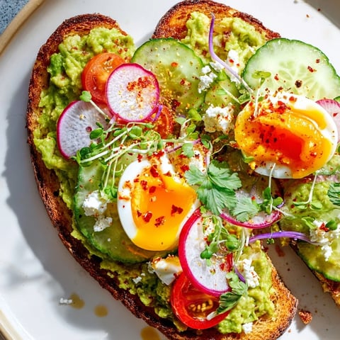 Creamy avocado toast piled high with fresh veggies, feta, and a perfectly cooked egg.