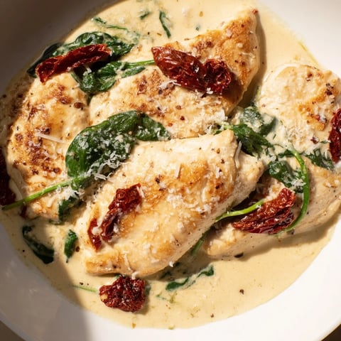 Tender Creamy Tuscan Chicken breasts bathed in a rich sauce, ready for a delicious dinner.