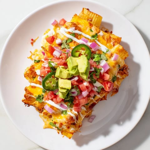 Golden pasta chips nachos, overflowing with melted cheese, fresh toppings, and zesty sauce, ready to eat.