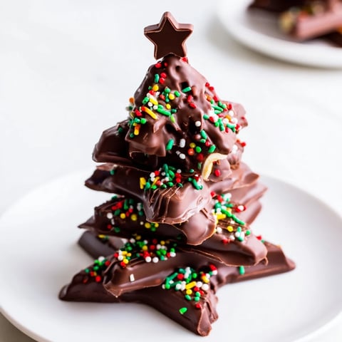Drizzled chocolate over stacked Chocolate Kinder Christmas Trees, a sweet, festive dessert ready to eat.