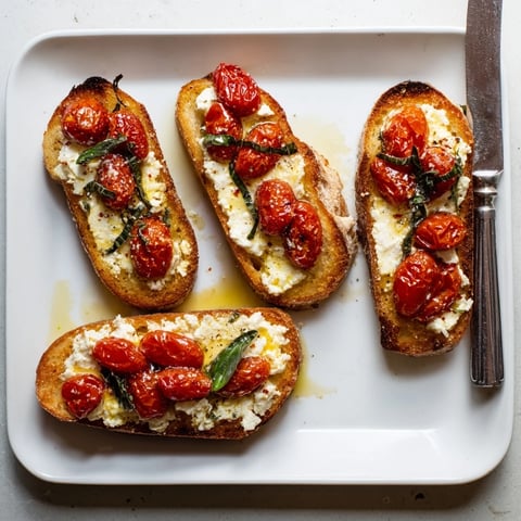 Golden-brown Baked Feta Toast with roasted cherry tomatoes and fresh basil on a rustic wood table.
