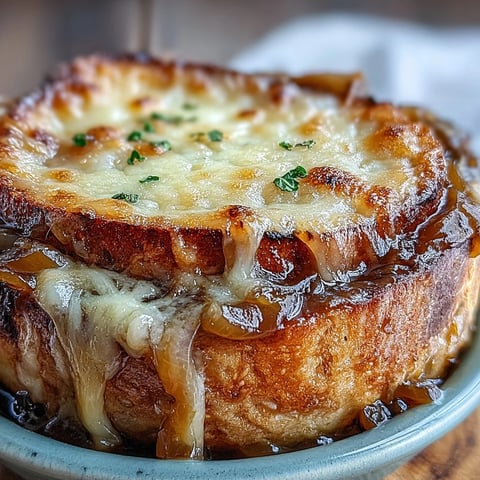 Golden French Onion Soup served in a crock, topped with crusty bread and bubbly, melted Gruyère cheese.