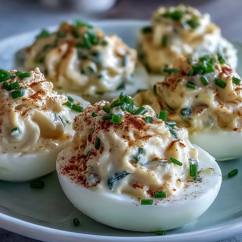 Golden halved eggs filled with creamy Million Dollar Deviled Eggs garnished with fresh chives and paprika.