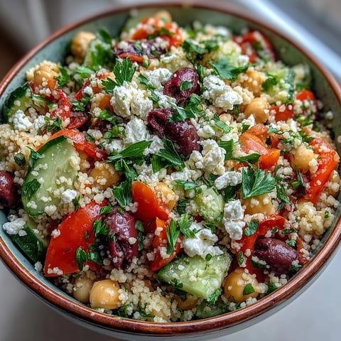 Freshly cooked Mediterranean Pearl Couscous salad in a white bowl, loaded with diced red bell pepper, cucumber, and halved cherry tomatoes.