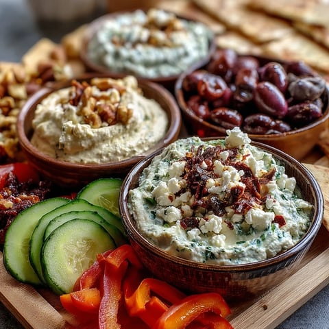Vibrant Mediterranean Brunch Board with Dips and Flatbreads, featuring creamy hummus and smoky baba ganoush on a rustic wooden platter.
