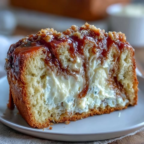 A slice of moist Caramel Cream Cheese Bread on a plate with visible caramel ribbon and creamy center.