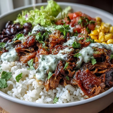 Tender slow-cooked carnitas top fluffy rice, black beans, and sweet corn in a vibrant Carnitas Burrito Bowl.  