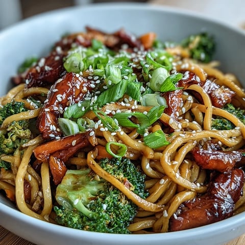 Tossed egg noodles in a glossy teriyaki sauce, loaded with crisp broccoli and carrots, sprinkled with sesame seeds.  