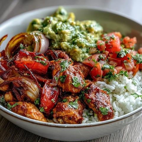 Golden roasted sheet pan chicken tinga with vibrant red and yellow bell peppers sits atop fluffy white rice, garnished with zesty avocado salsa and lime wedges.  