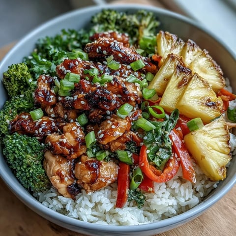 Glossy teriyaki chicken and rice bowl with fluffy steamed rice, vibrant stir-fry vegetables, and fresh pineapple garnish.