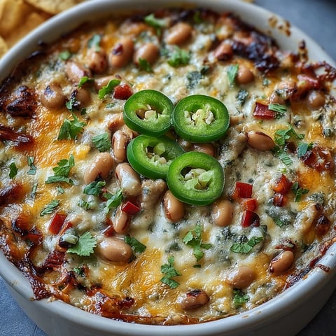 Freshly baked Hot Black-Eyed Pea Dip with Jalapeño and Cumin bubbling in a dish, garnished with cilantro and served with crispy tortilla chips.