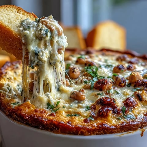 Golden, bubbly cheddar tops a warm, creamy Hot Black-Eyed Pea Dip, garnished with green onions and served with tortilla chips.