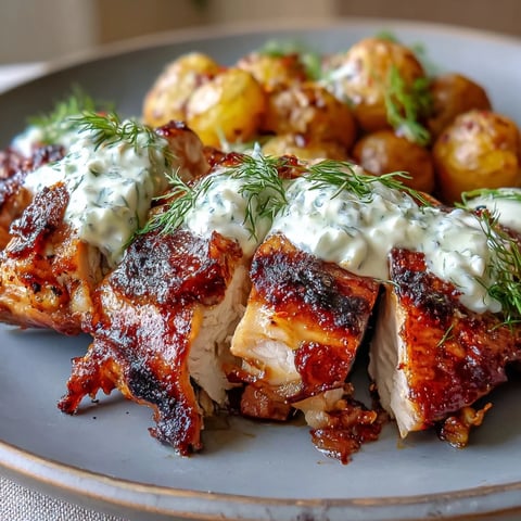 Perfectly charred Spicy Yogurt Marinated Chicken thighs topped with creamy dill feta sauce and served with golden crispy baby potatoes.